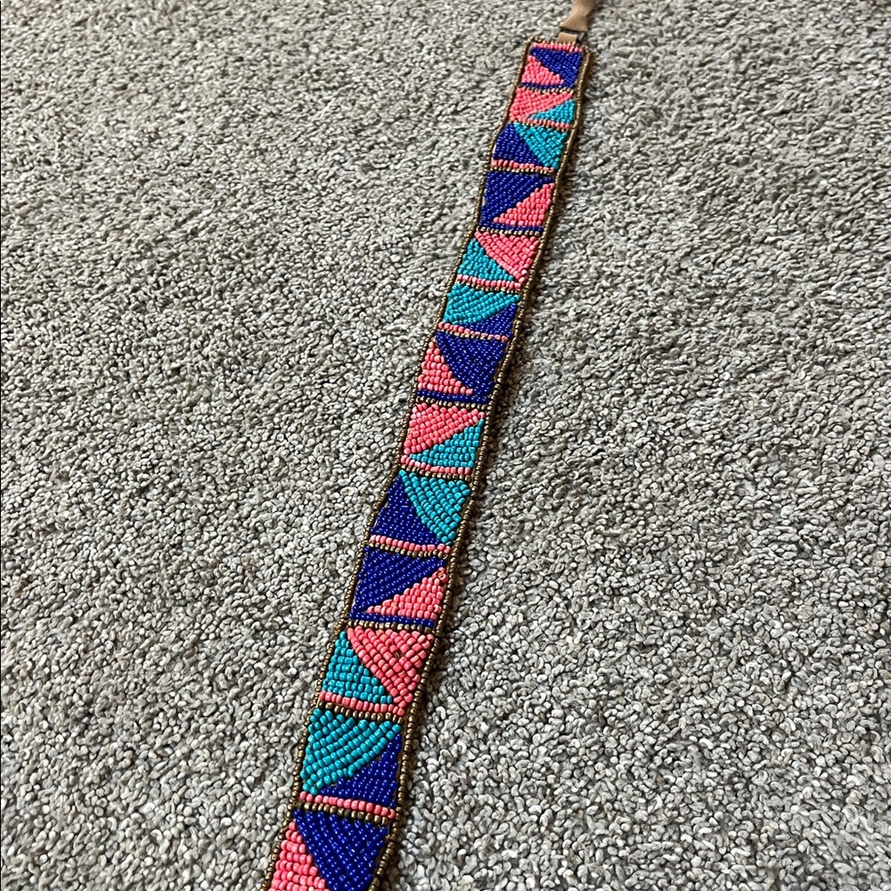Vegan Leather Vibrant Turquoise Navy Coral and Bronze Beaded tie belt 64 inches - Picture 12 of 16